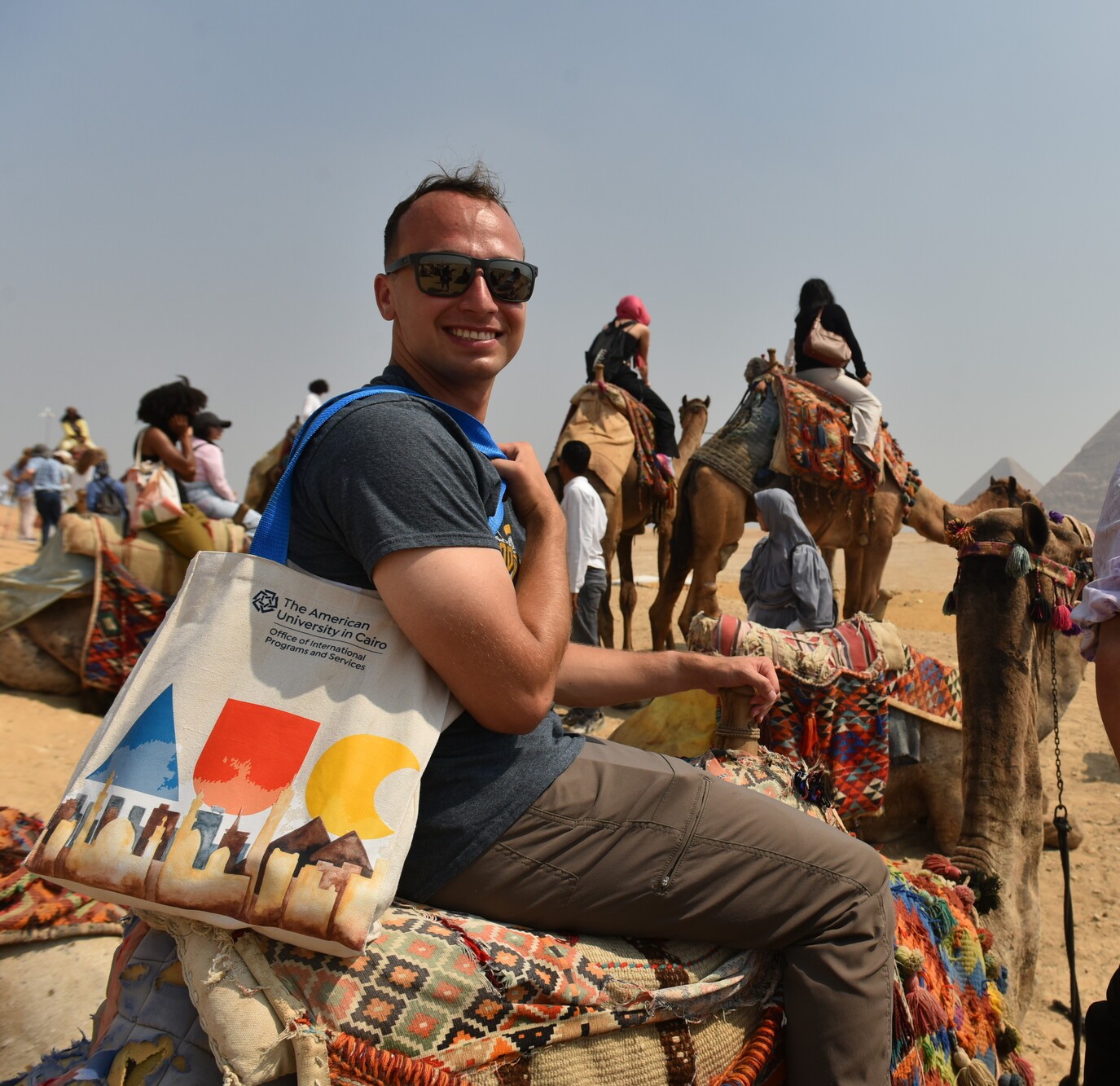 auc student with auc tote bag on a camel at the pyramids