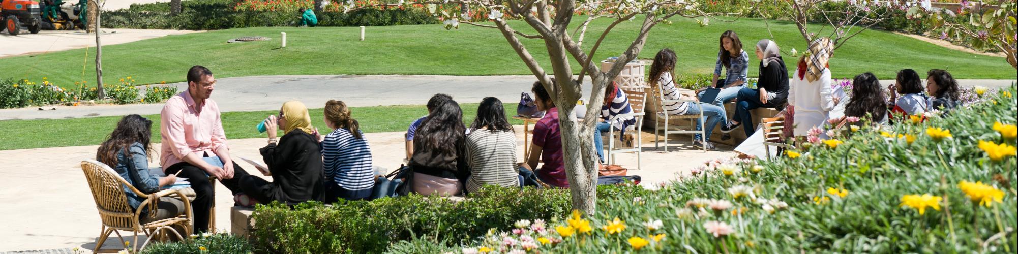 students in library garden