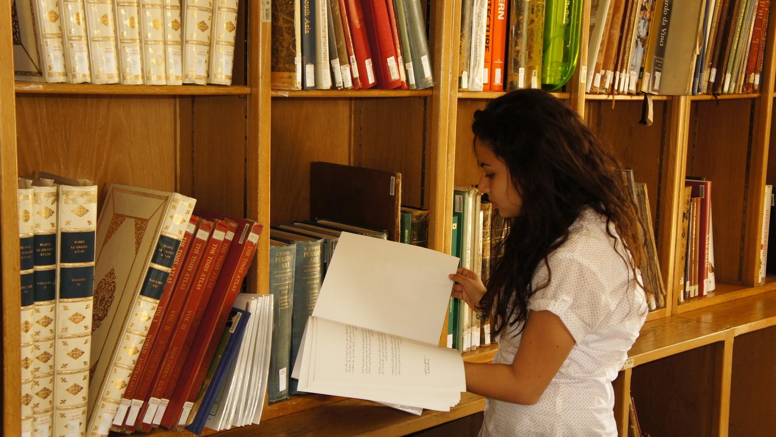 person checking library shelves