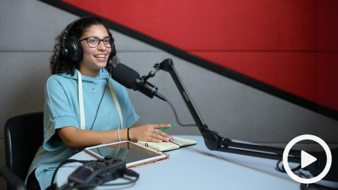 student using podcast studio for class