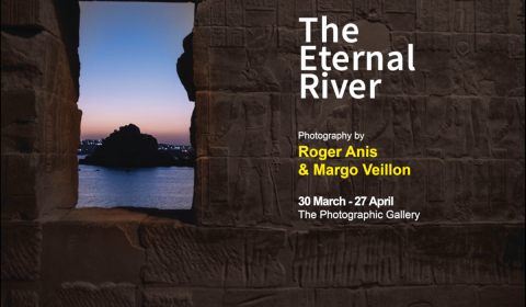 A pharaonic building with an opening on the Nile River. Text: The Eternal River. Photography by Roger Anis and Margot Veillon. The Photographic Gallery