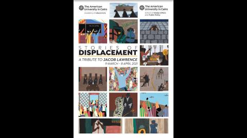 A poster of drawn images. Text: Stories of Displacement - A Tribute to Jacob Lawrence. March 9 - April 8, 2021