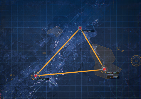 A yellow triangle connecting 3 red dots on a map