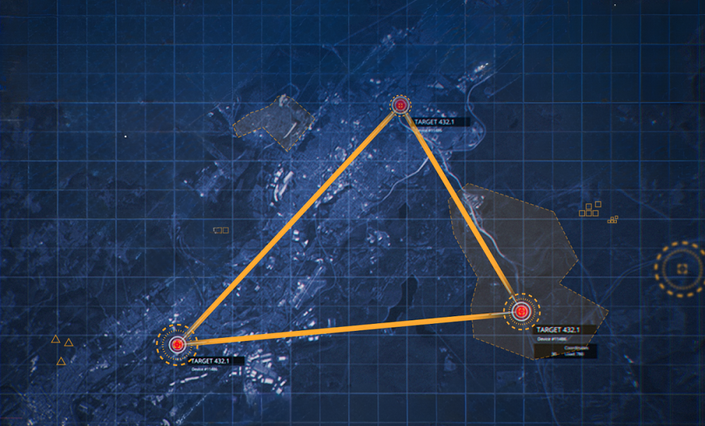 A yellow triangle connecting 3 red dots on a map