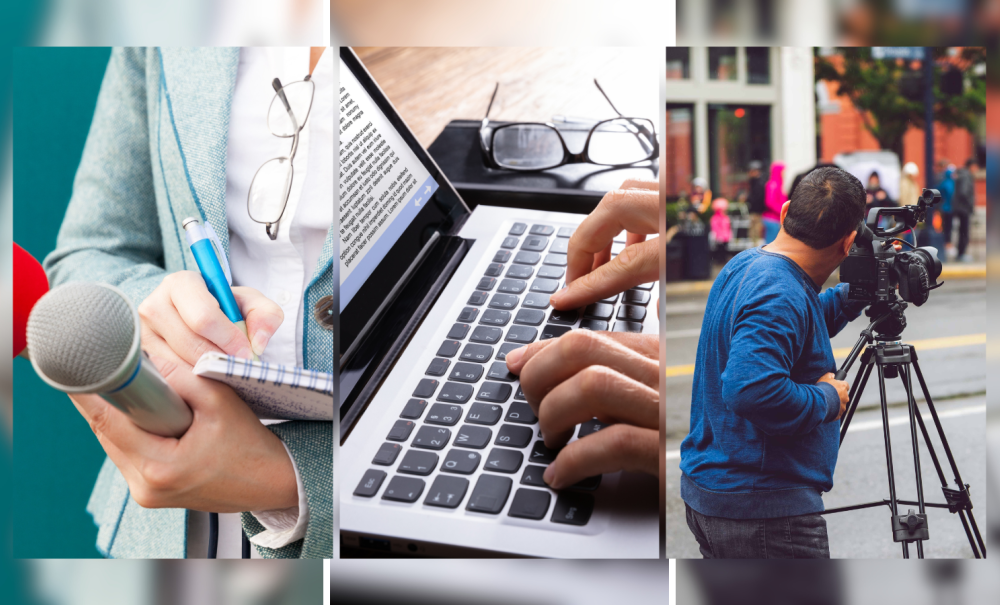 A collage of a journalism reporter holding a microphone and notebook, fingers typing on a laptop and a video cameraman shooting with his tripod