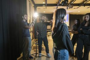 3 camera studio in jrmc with students working with the equipment
