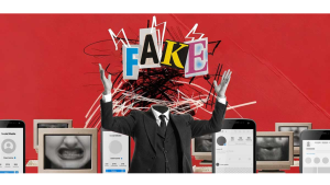 a surrealist image of phones with the word "fake"