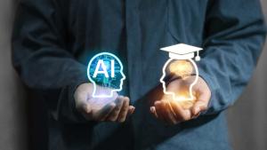 A graphic of someone with their hands out. One hand has a glowing head with "AI" in it, while the other has a glowing head with a graduation cap