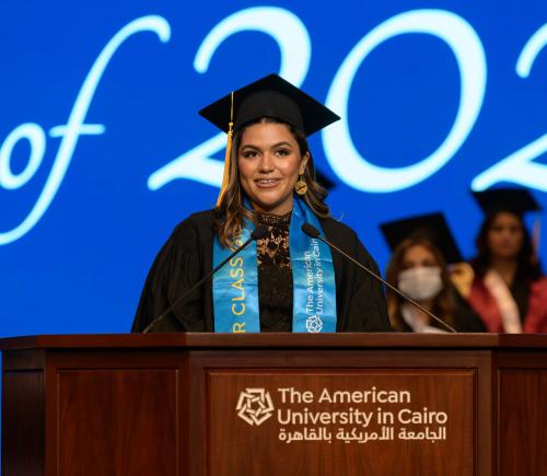 graduating student giving speech in the commencement