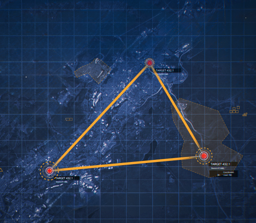 A yellow triangle connecting 3 red dots on a map